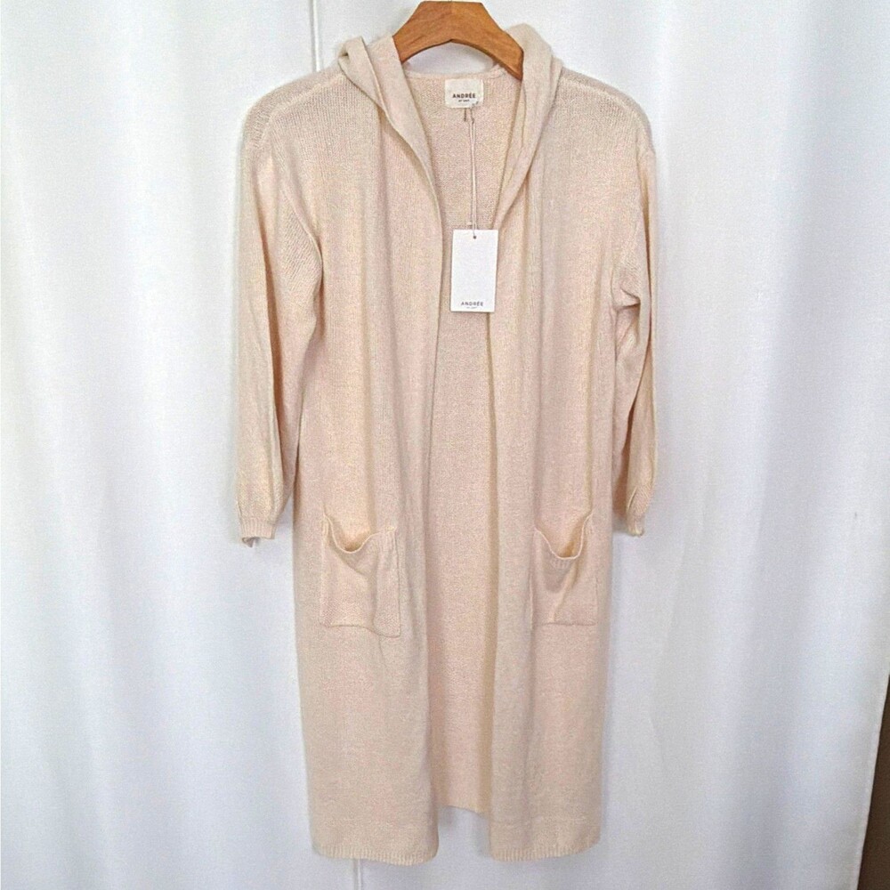 NWT Andrée by Unit Women’s S Beige Hooded Open Front Cardigan Sweater Pockets